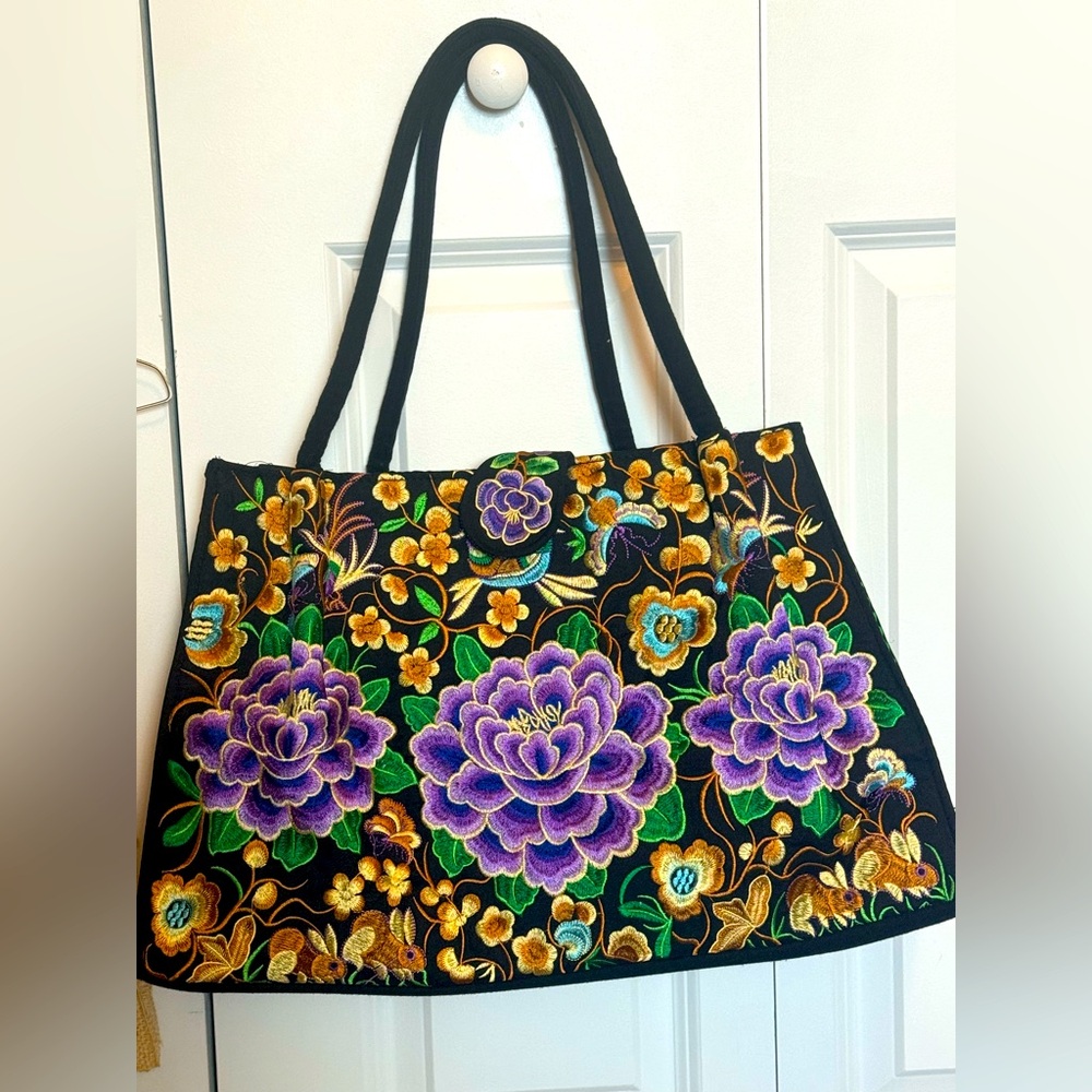 Tote with embroidered purple flowers